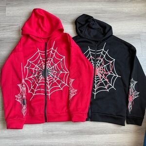 Kids Spider Web Zip Up Hoodies - Red & Black Set Size M Youth
